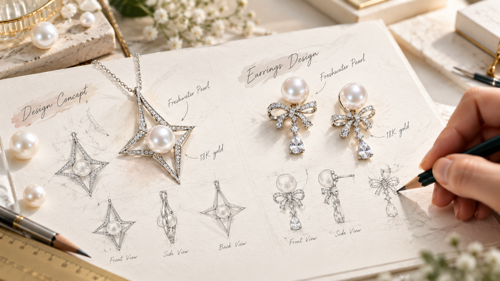 Concepto de diseño y desarrollo de productos de joyería de perlas por Nichole Jewelry
